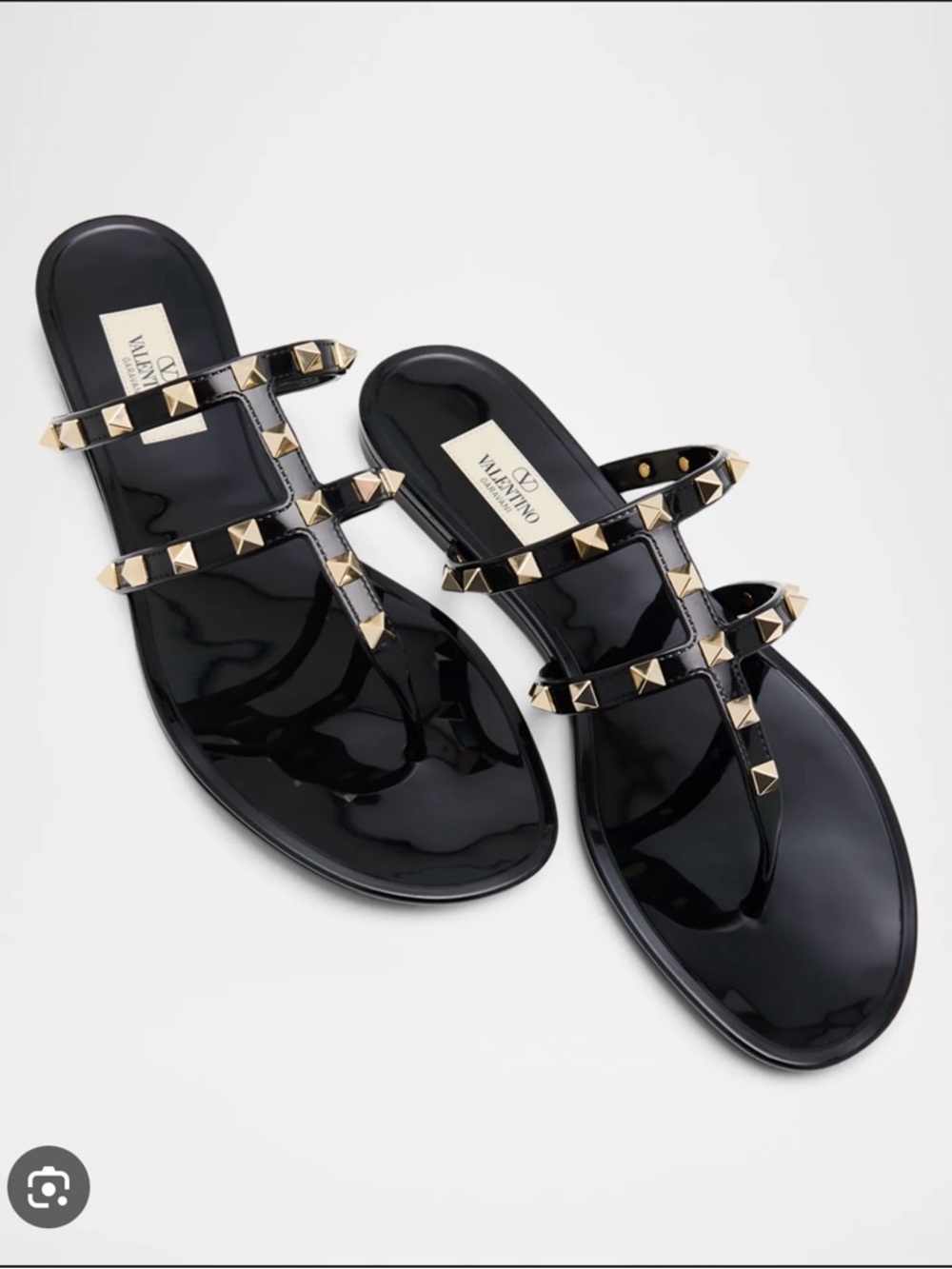 Valentino Black Patent Leather Rockstud Triple-Strap Sandals with Gold Studs
